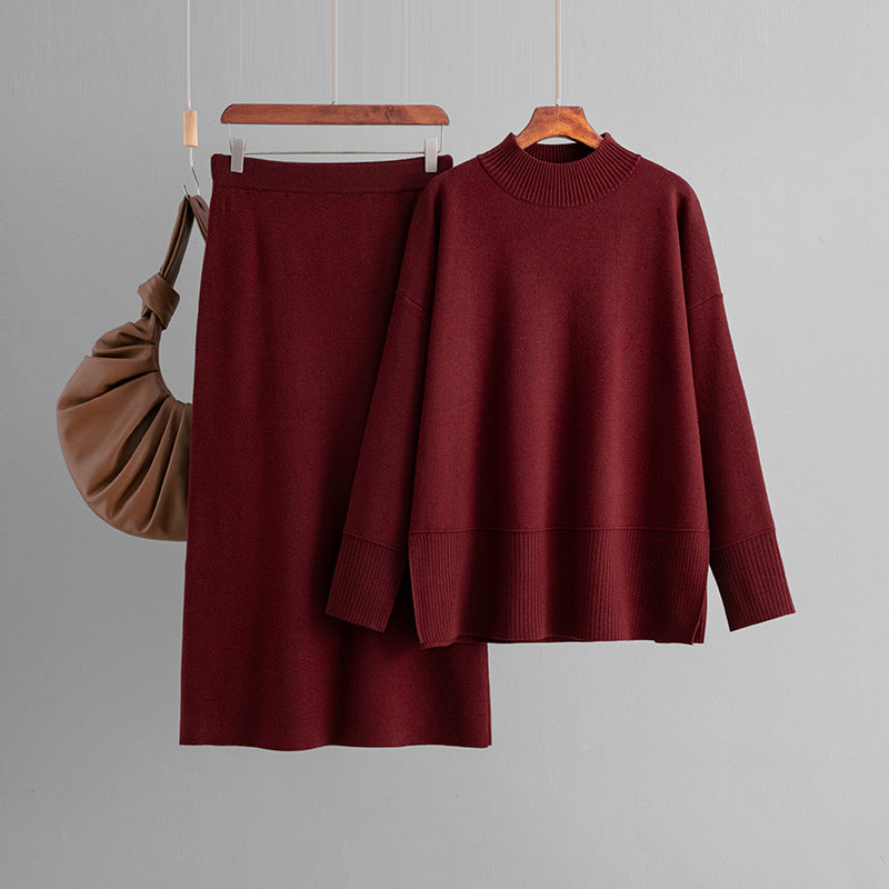 New FallWinter Solid-Color Turtleneck Sweater And Slit Bodycon Skirt Two-Piece Set