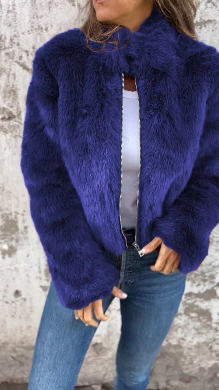 Veste en peluche à col montant tendance pour femme, manteau d'hiver décontracté à col roulé et fermeture éclair, polaire