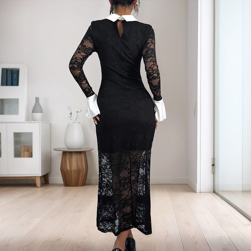 Elegant Lace Long Sleeve Lapel Color Matching Temperament Dress