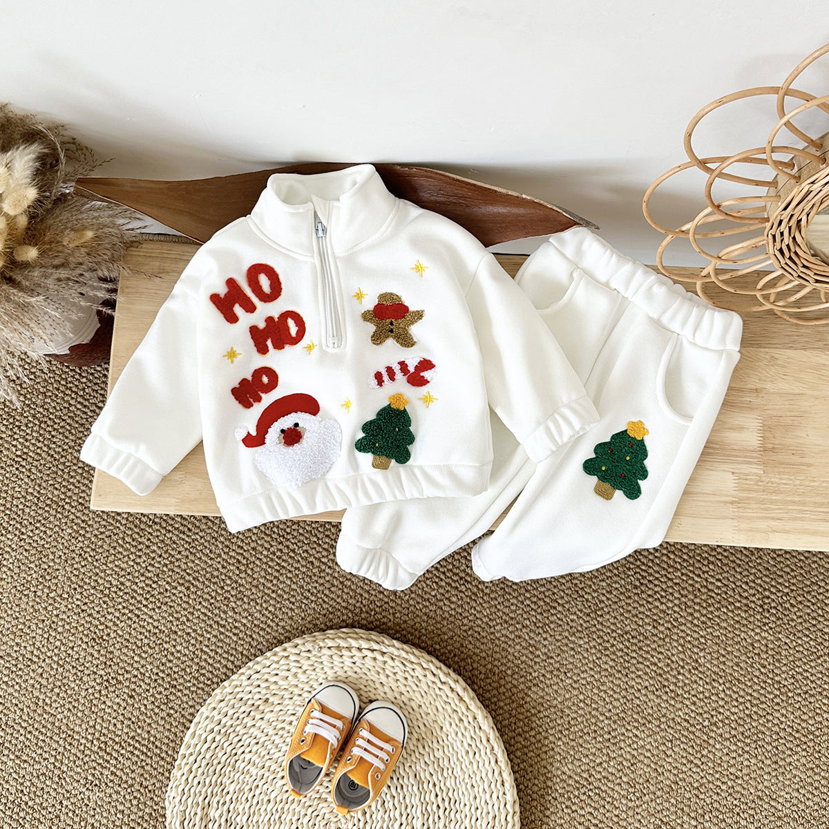 Fleece-lined Thickened Christmas Embroidered Stand Collar Sweater Trousers Suit