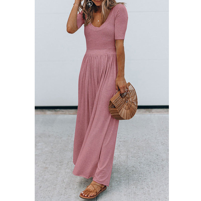 New Round Neck Short Sleeve Long Jumpsuit