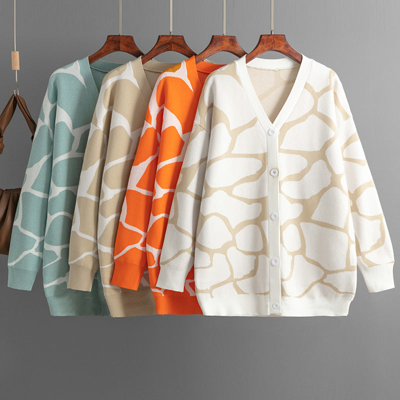 Jacquard Sweater V-neck Long Line Pattern Baggy Coat