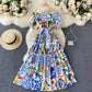 Printed One-line Neck Off-shoulder Bubble Sleeve Slim Mid-length Dress Female