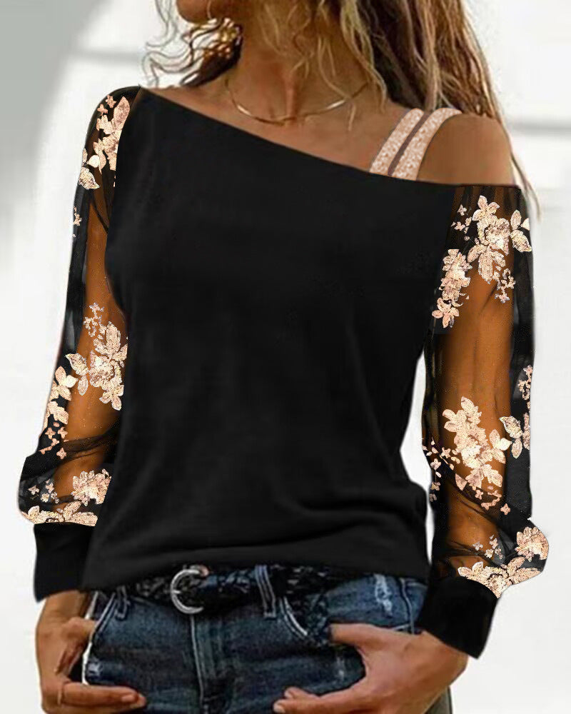 European And American Leisure Mesh Sequin Stitching Long Sleeve Women's Shirt