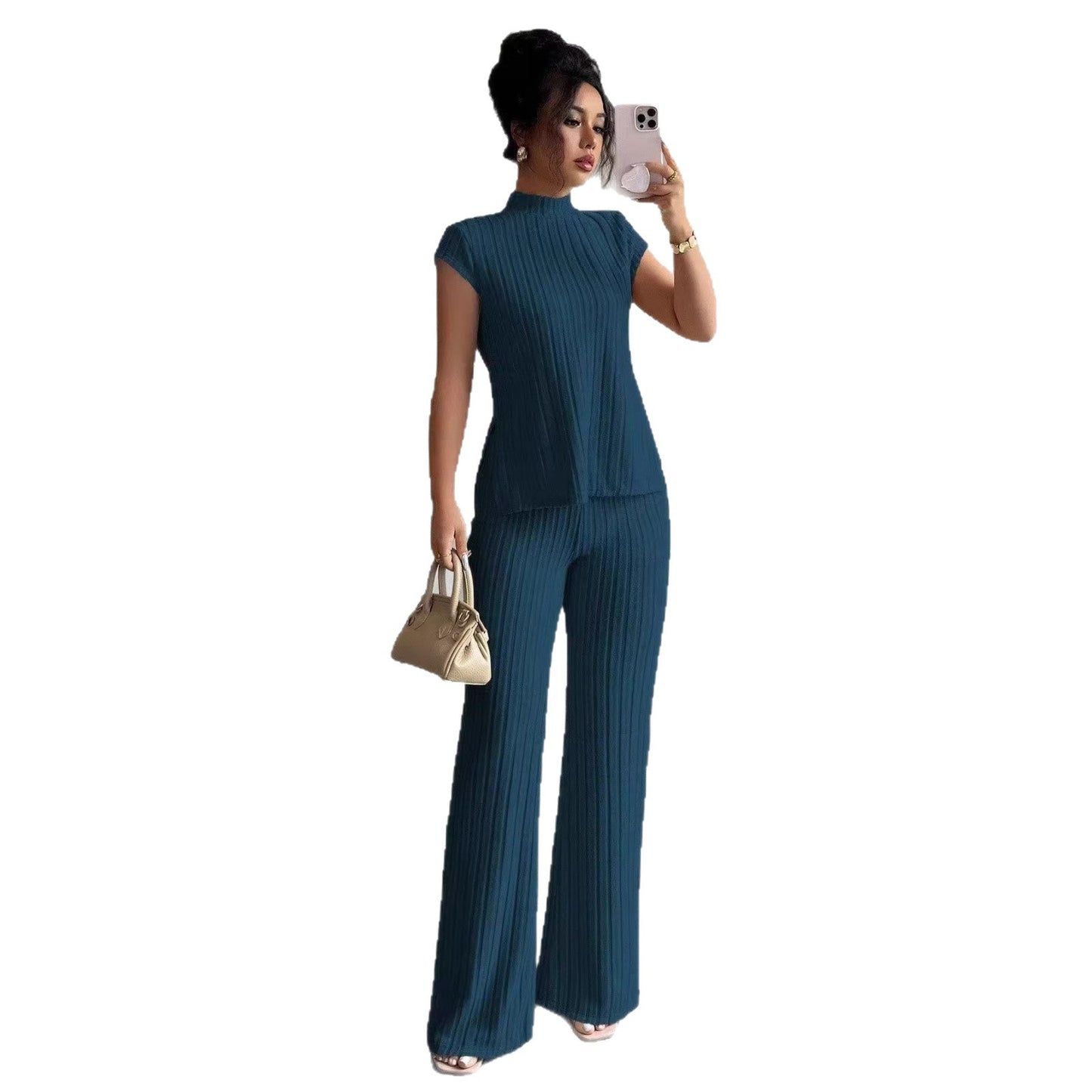 Solid-color Short-sleeve Top And Ribbed Casual Pants Set