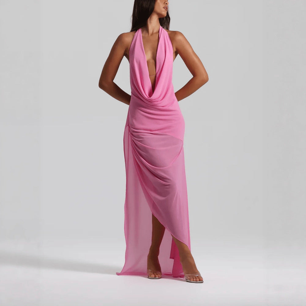 Deep V-neck Backless Sexy Asymmetrical Ruffled Dress