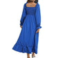 Flared Sleeve Casual Ruffled Square Collar Elastic Waist Large Swing Spring Dress