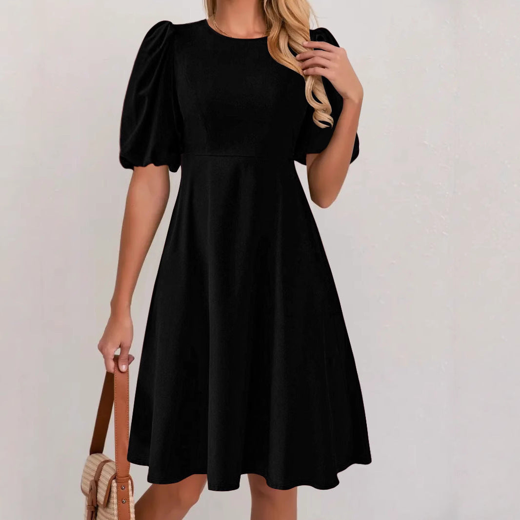 Solid-color Casual Crew-neck Puffed-sleeve Dress For Women