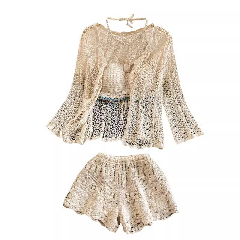 Cardigan, veste, taille haute, short crocheté, costume décontracté pour les vacances à la plage et les sources chaudes