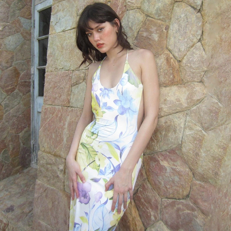 Fashion Printed Backless U-neck Slim Strap Dress