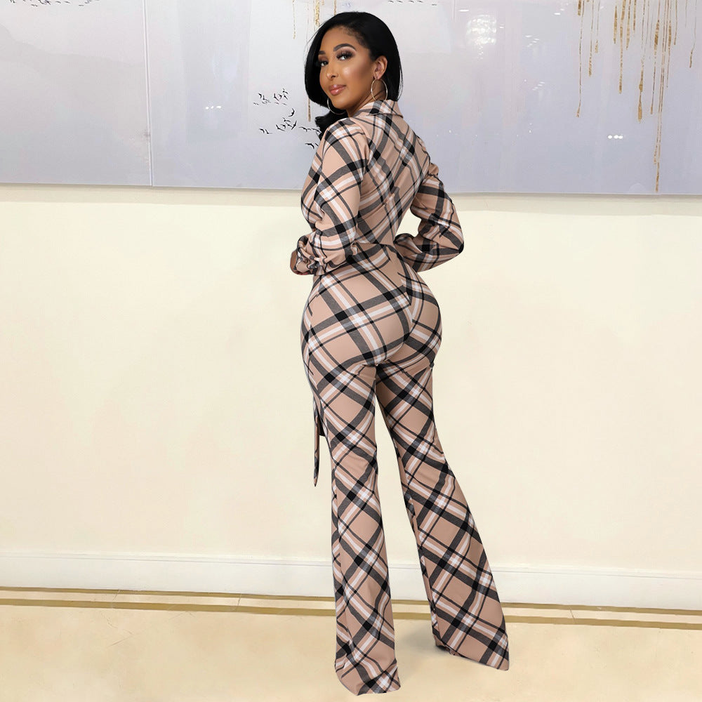 Tight-Fitting Lace-Up Plaid One-Piece Flared Pants