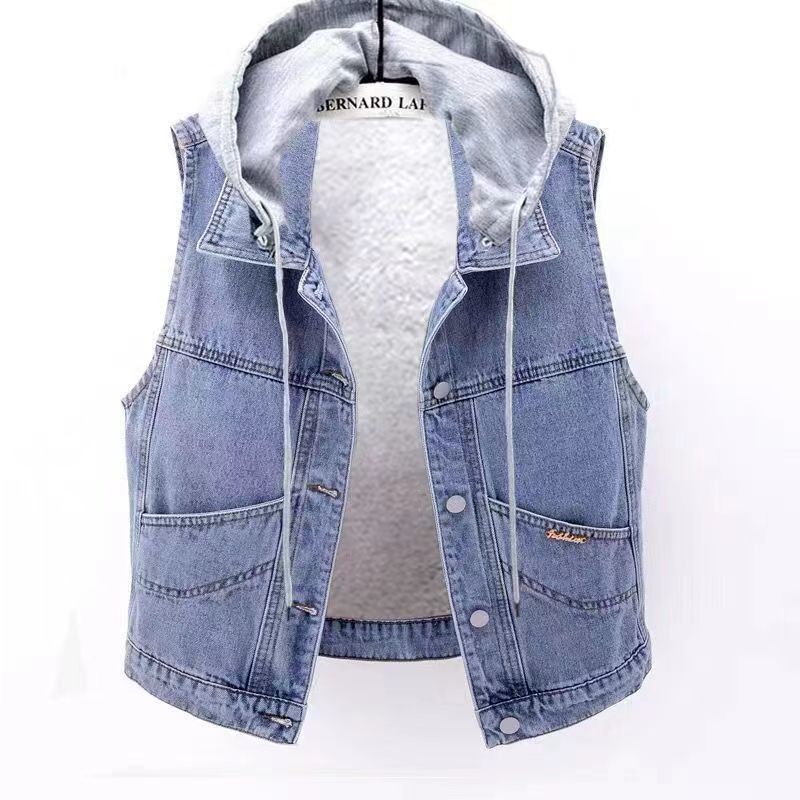 New Denim Vest Fleece-lined Thickened Slim Fit Hooded Cotton Jacket Warm Top Fashion