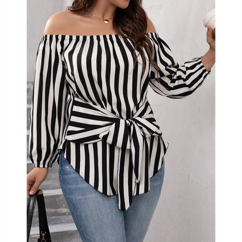 European And American Black And White Striped Fashion Off-shoulder Shirt