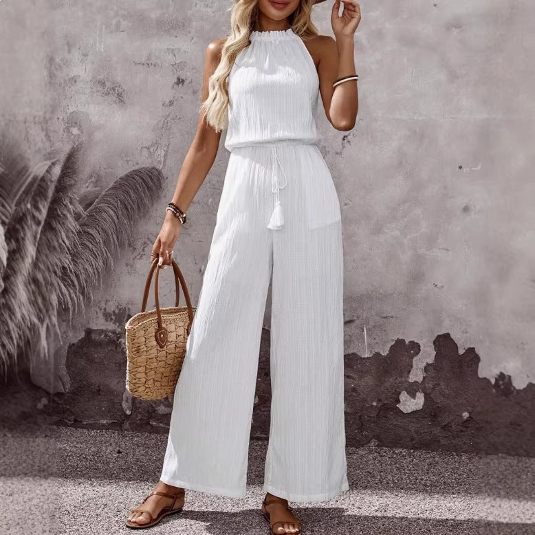 Tasseled Lace-up Pocketed Wide-leg Casual Jumpsuit For Women