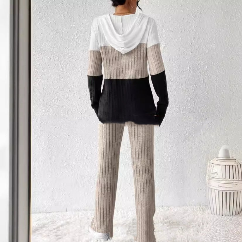 Contrast Color Hooded Zipper Long Sleeve Trousers Suit Knitted