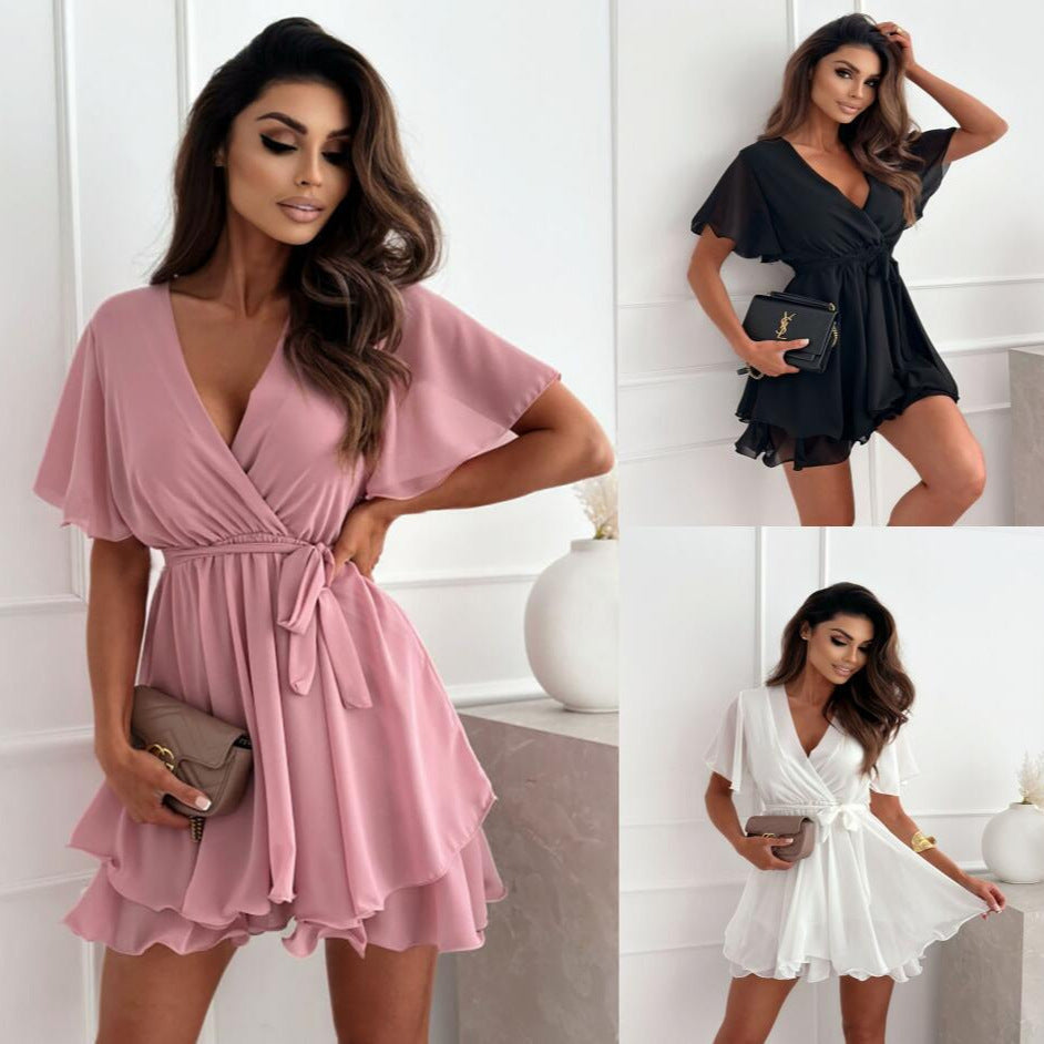European And American V-neck Cross Straps Mini Skirt Ruffled Hem Chiffon Dress