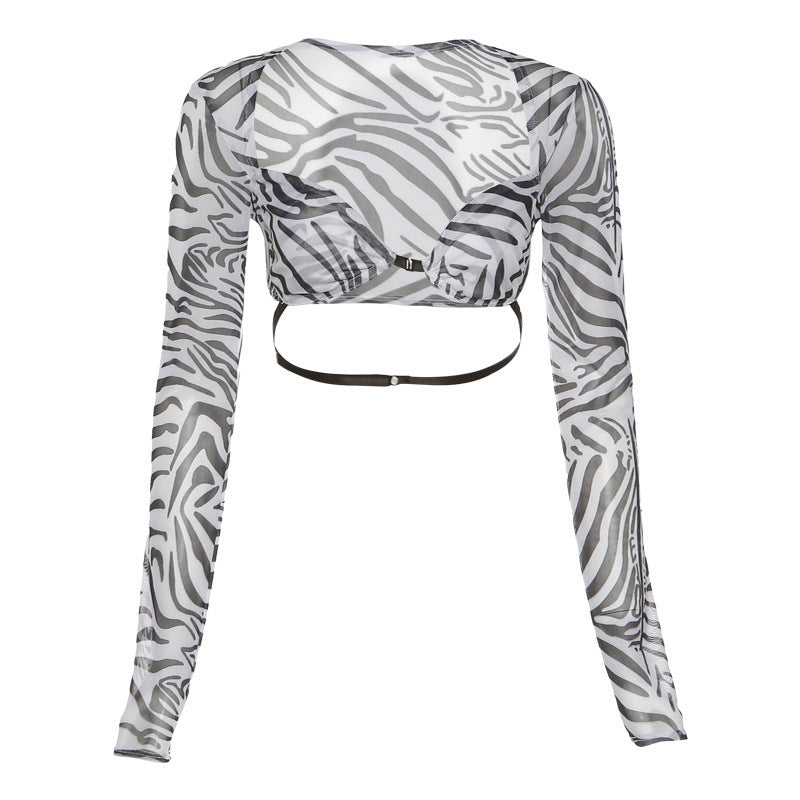 Women's Long-sleeved Square-neck Umbilical Mesh See-through Bottoming Slim T-shirt