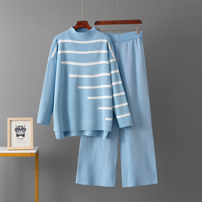 Striped Temperament Knitted Two-piece Turtleneck Sweater Loose Casual