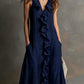 Solid-color Sleeveless Cotton-Linen V-Neck Maxi Dress With Ruffled Hem