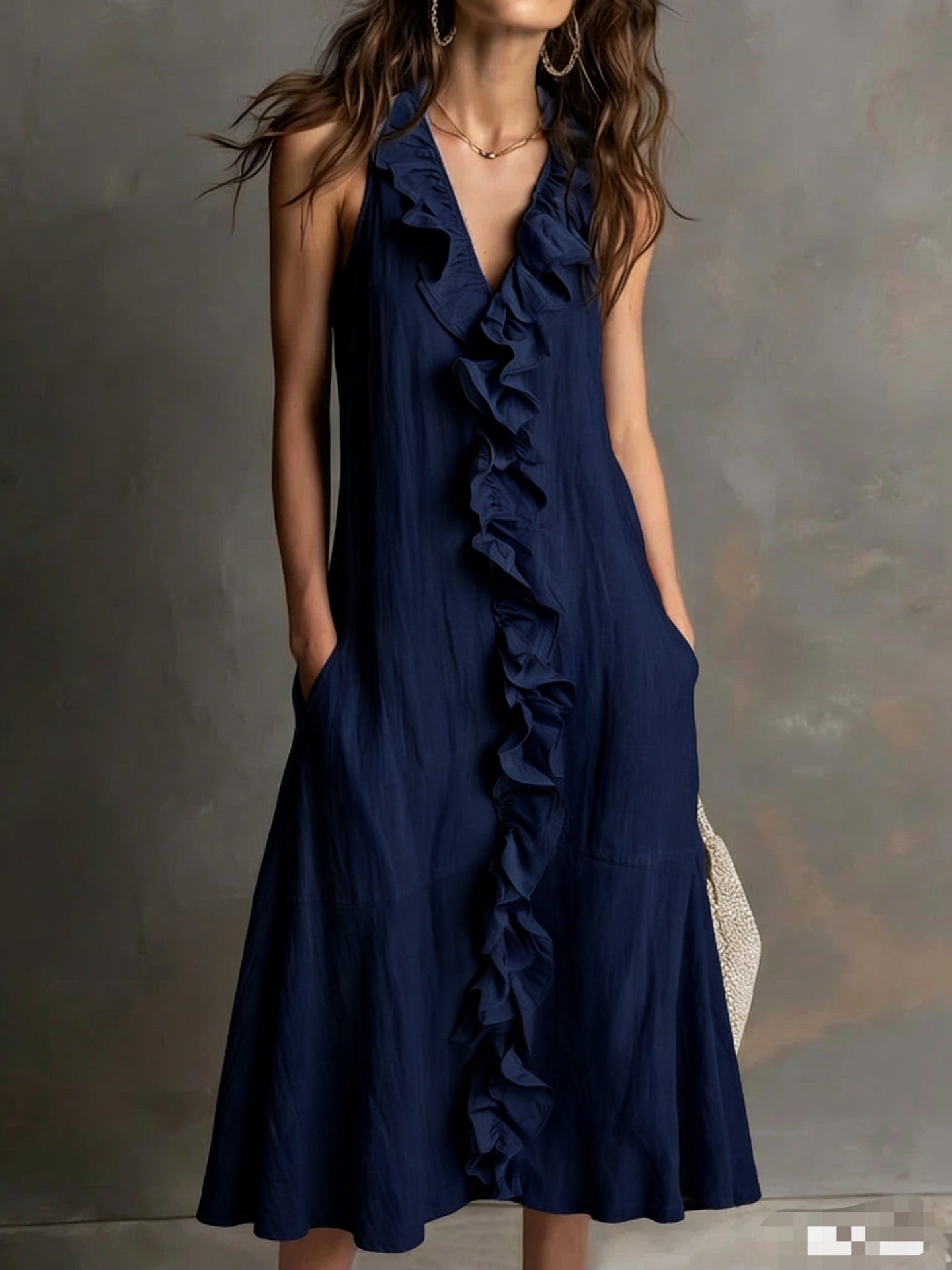 Solid-color Sleeveless Cotton-Linen V-Neck Maxi Dress With Ruffled Hem