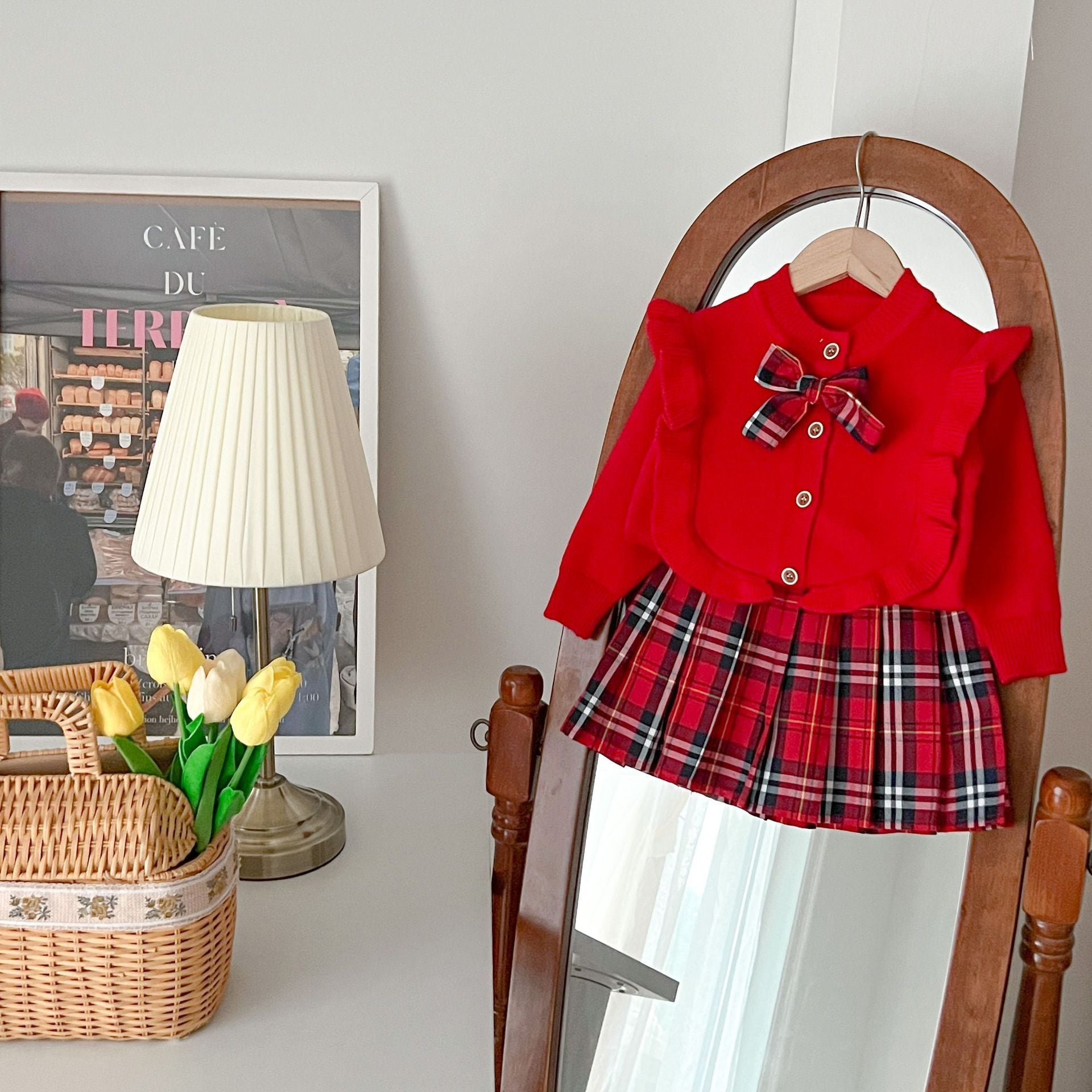 Ensemble deux pièces jupe plissée à carreaux tricotée pour enfants, vêtements de printemps