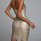 Nouvelle robe bandage, robe une pièce, épaules obliques, dorée, élégante, mode, style européen et américain, offre spéciale