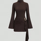 Metal Waist Buckle Minimalist Slightly Flared Sleeve Slim Fit Midi Dress
