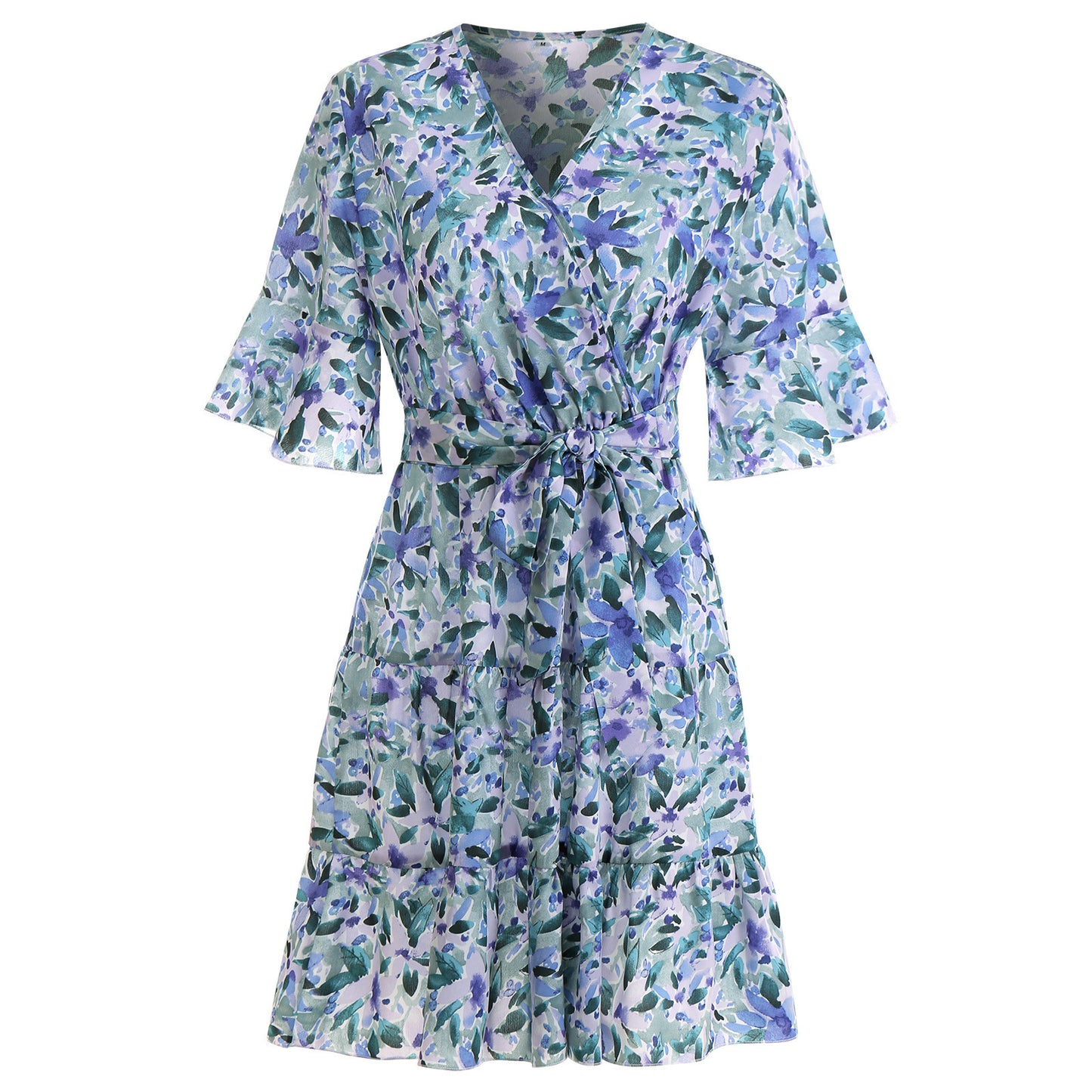 Robe fleurie à volants, manches courtes et col en V, style européen et américain