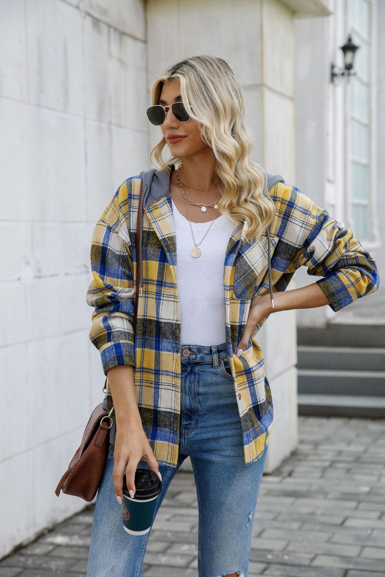 Women's Hooded Spliced Plaid Blouse Woolen Coat