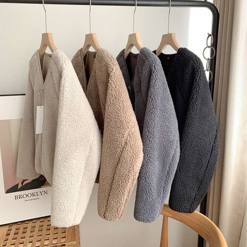 V-Neck Zipper Lamb Fleece Warm Short Coat