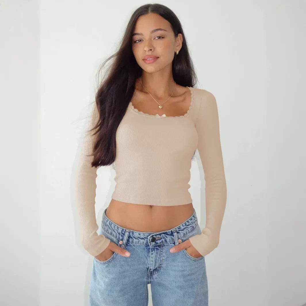 Slimming Slim Lace Stitching Top U-neck Bottoming Shirt