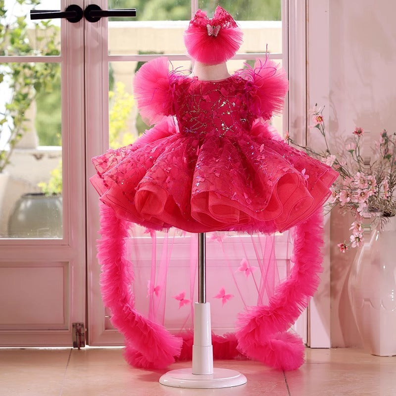 Rose Red Butterfly Sequined Long Sleeve Princess Children's Birthday Party Dress