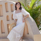 Robe longue à col carré et manches bouffantes pour femme