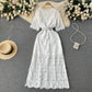 Round Neck Long Sleeve Lace Short Sleeve Crocheted Waist-slimming Long Dress