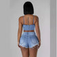 Women's Ins Pearl Drill Chain Denim Camisole Shorts