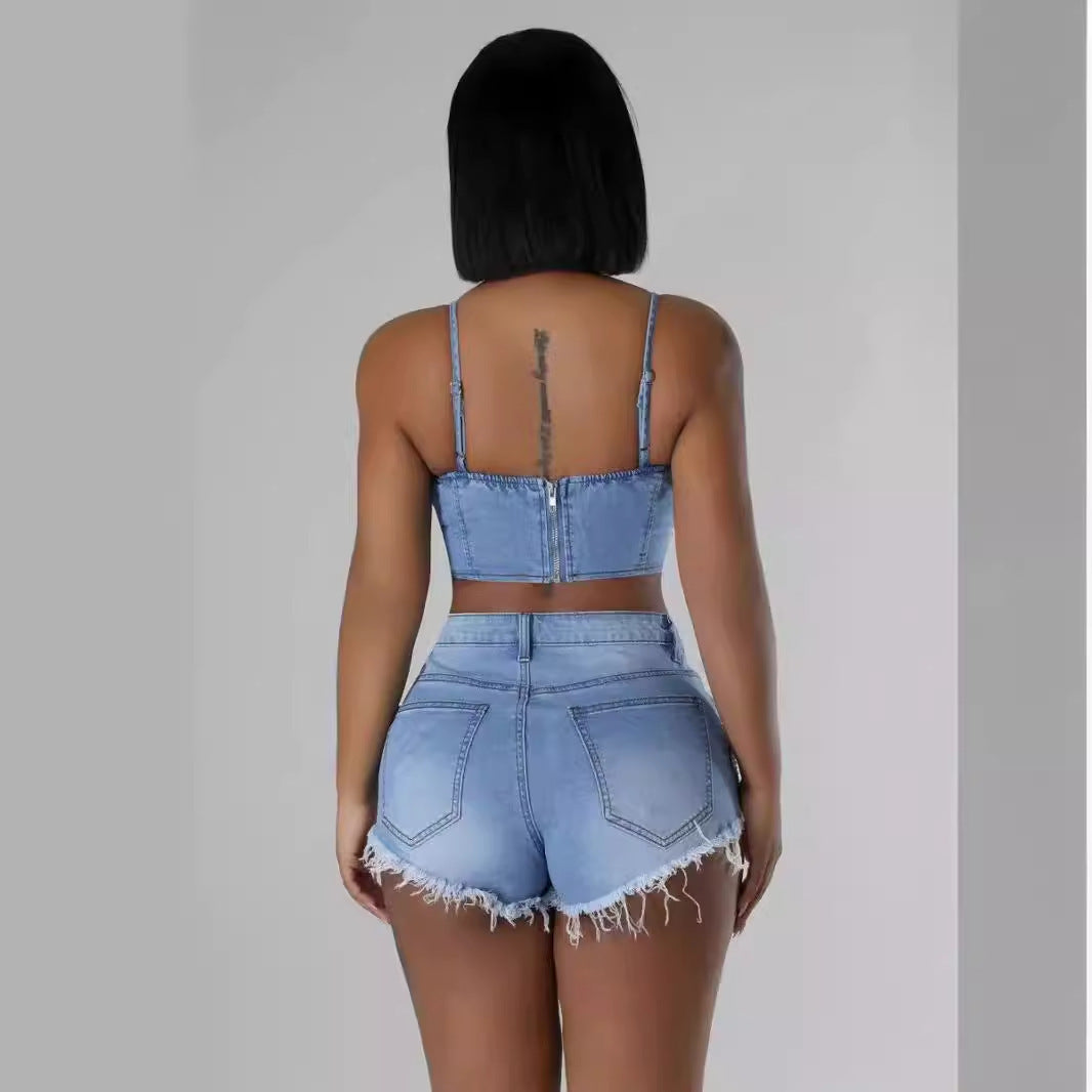 Women's Ins Pearl Drill Chain Denim Camisole Shorts