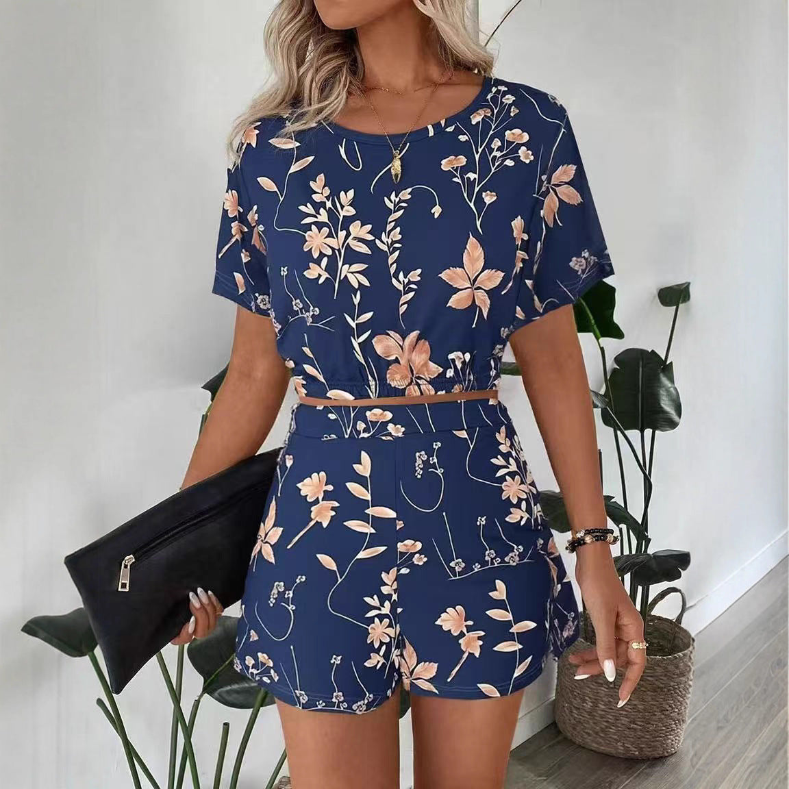 Casual Printed Short Sleeves Shorts Suit Simple