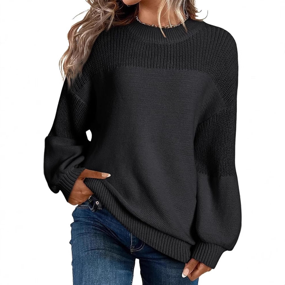 Solid Color Lantern Sleeve Pullover Round Neck Sweater