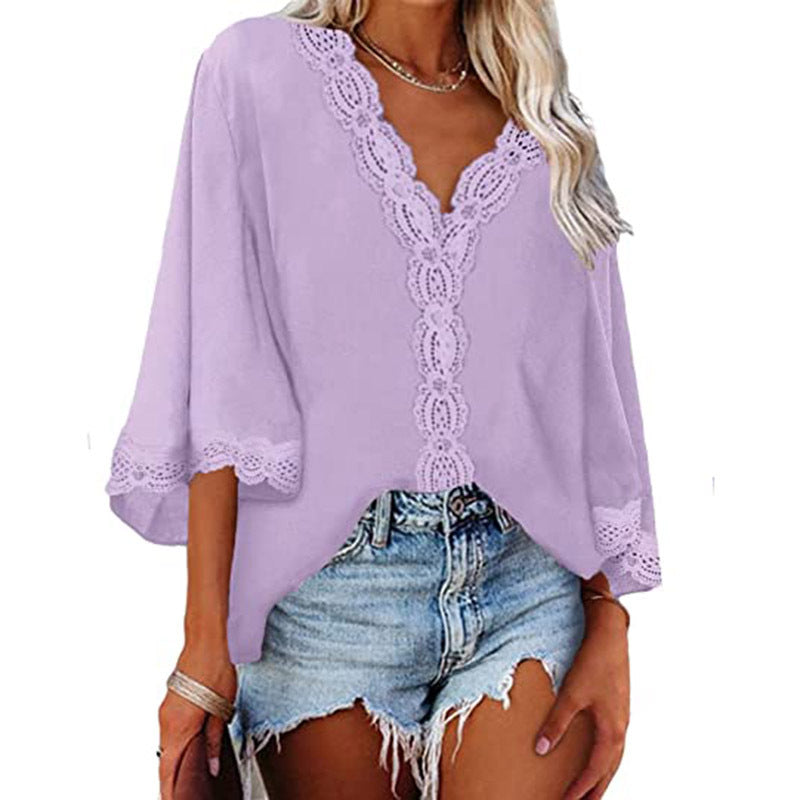 Ladies Bell Sleeve V Neck Lace Shirt