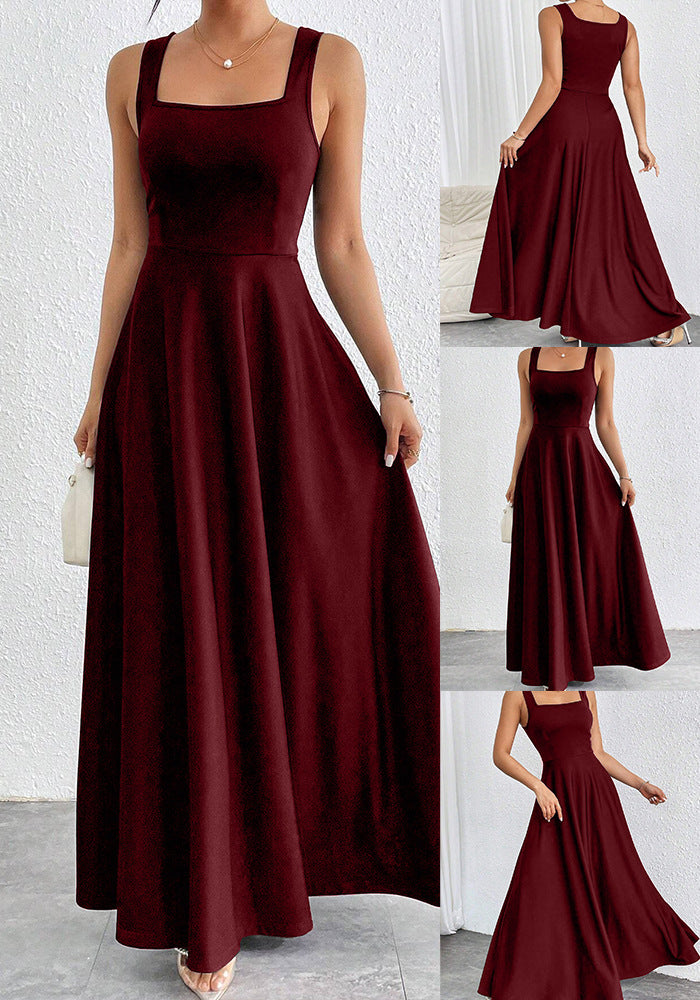 The Woman Is Wearing A Sleeveless Solid-color Dress