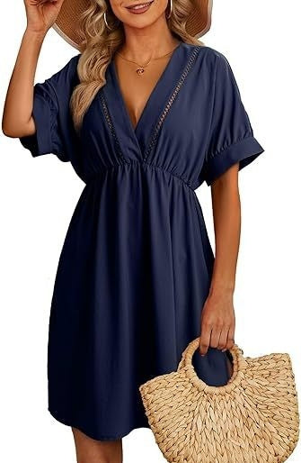 Chemisier de maillot de bain pour femme, robe à manches courtes et col en V ajouré