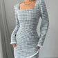 Elegant Plaid-Striped Tailored Long-Sleeve Dress