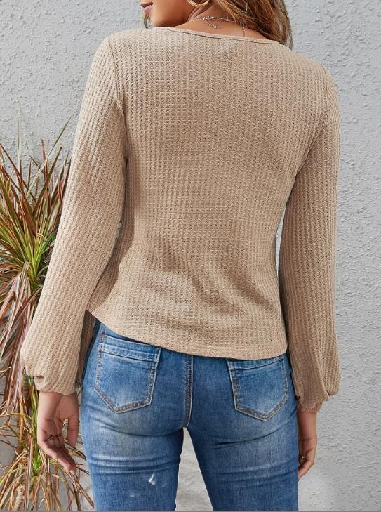 Round Neck Lantern Solid Color Long Sleeve Shirt