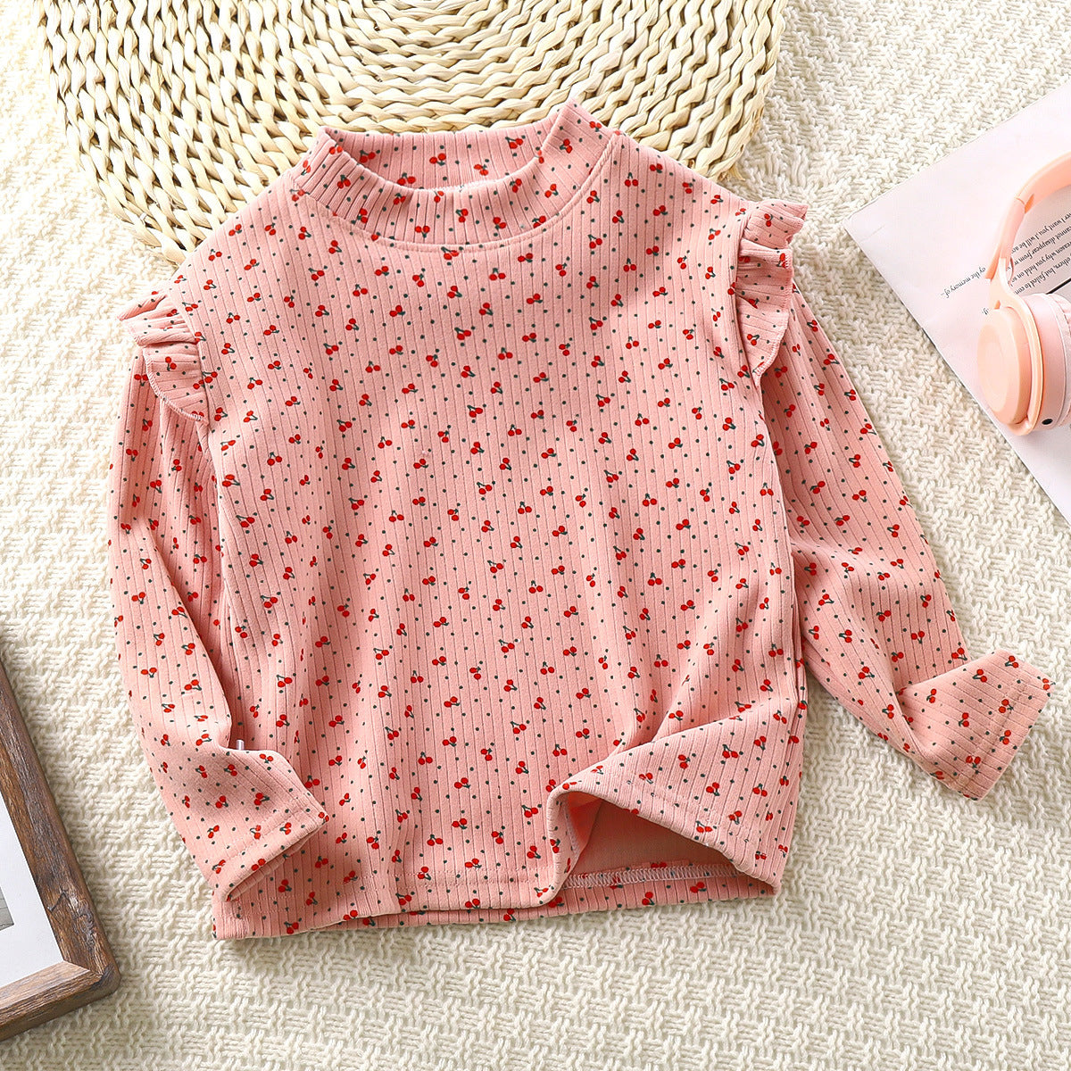Girls' Autumn And Winter Floral Bottoming Shirt Flounced Sleeve T-shirt