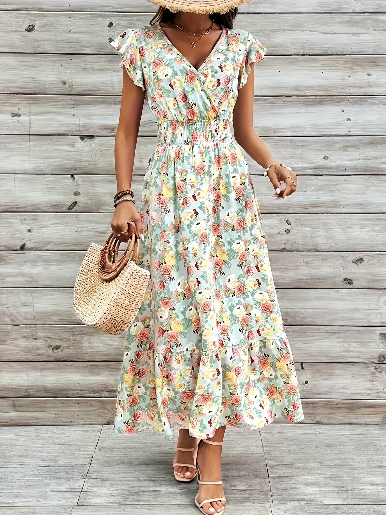Elegant Printed Floral V-Neck Short-Sleeve Waist-Cinching Dress