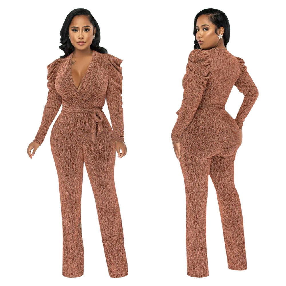Waist Trimming V-neck Puff Sleeve Glossy Knitted Jumpsuit