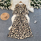 Five-quarter-sleeve Fitted-waist Single-breasted Printed Dress