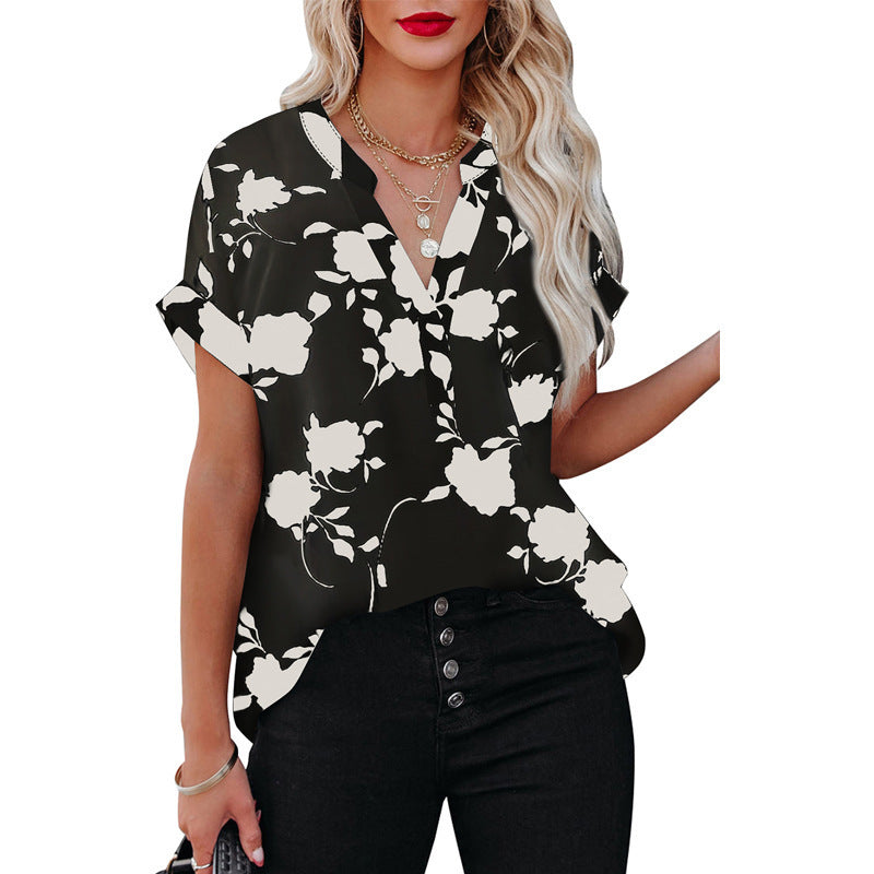 Summer Floral Print Short-sleeved Shirt For Women