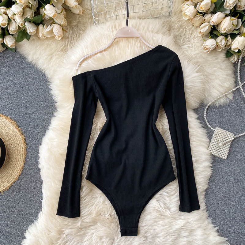 Diagonal Collar Strapless Long-sleeved T-shirt Women's