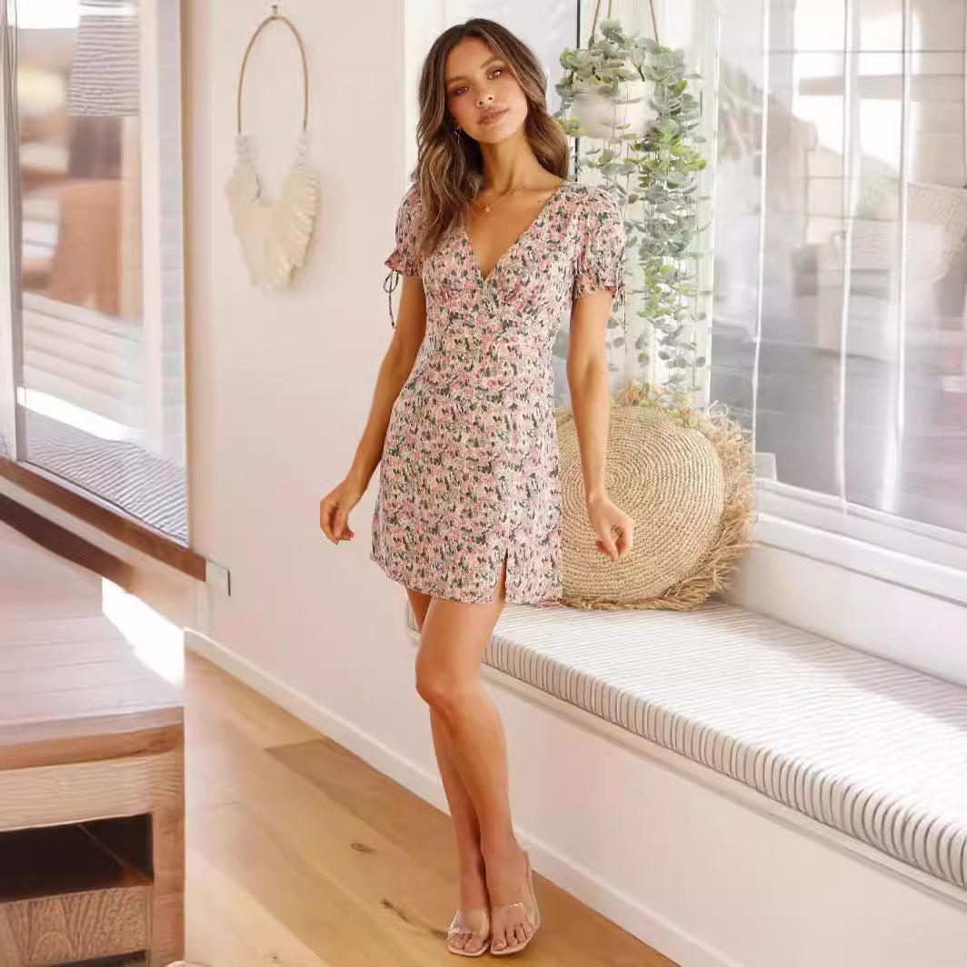New V-neck Short Sleeve Lace Up Slim Fit Dress